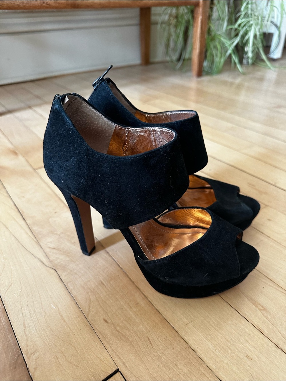 BCBGeneration Black Suede Peep-Toe Platform Heels